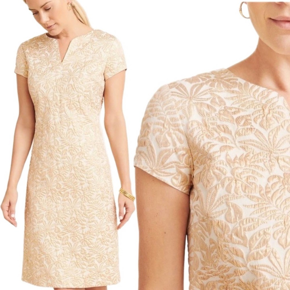 J McLaughlin Ariana Champagne Metallic Palm Leaf Dress Gold SZ 6